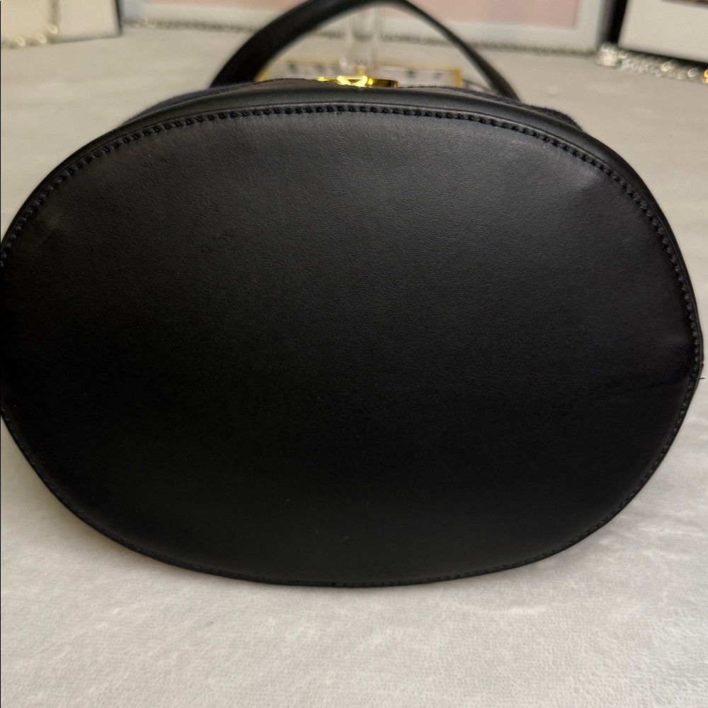 Furla Stacy Mini Bucket Bag Navy Canvas & Black Leather Crossbody EUC - Picture 6 of 9